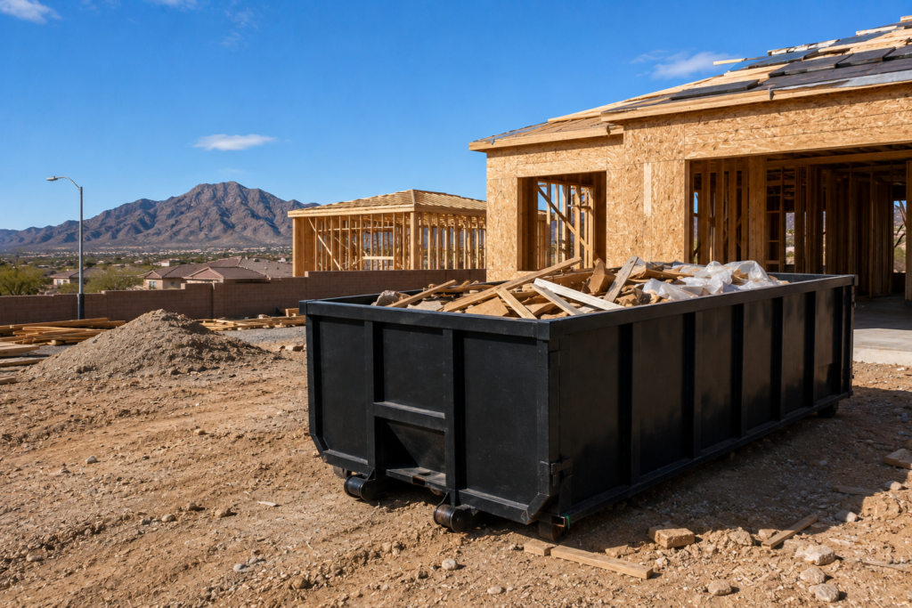 Roll-off dumpster at a residential construction site in Kingman, Arizona