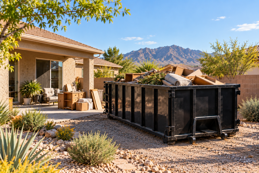 Roll-off dumpster beside a Kingman, AZ home during a residential cleanup project