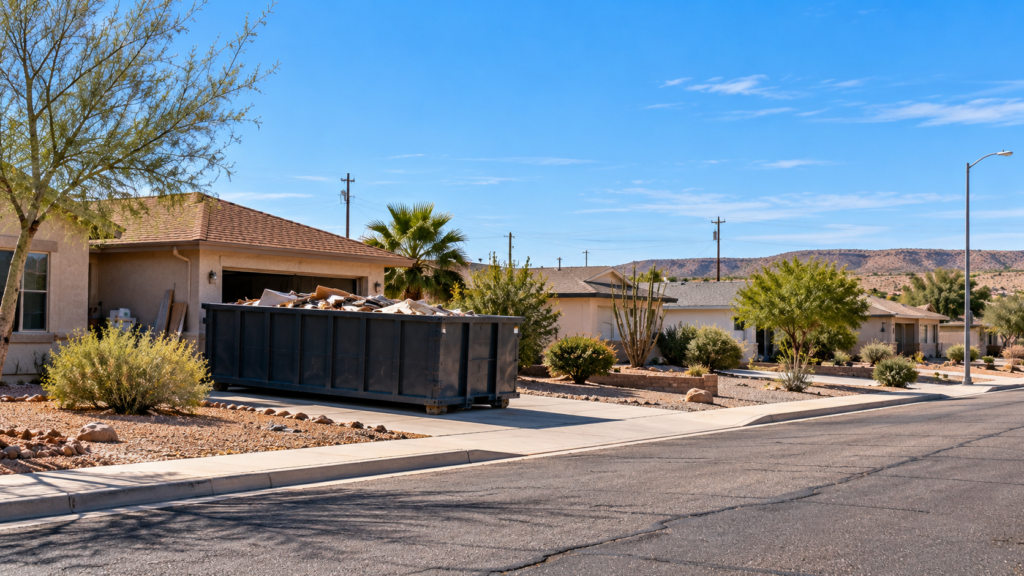 Roll-off dumpster at a residential cleanup site in a Kingman, Arizona neighborhood