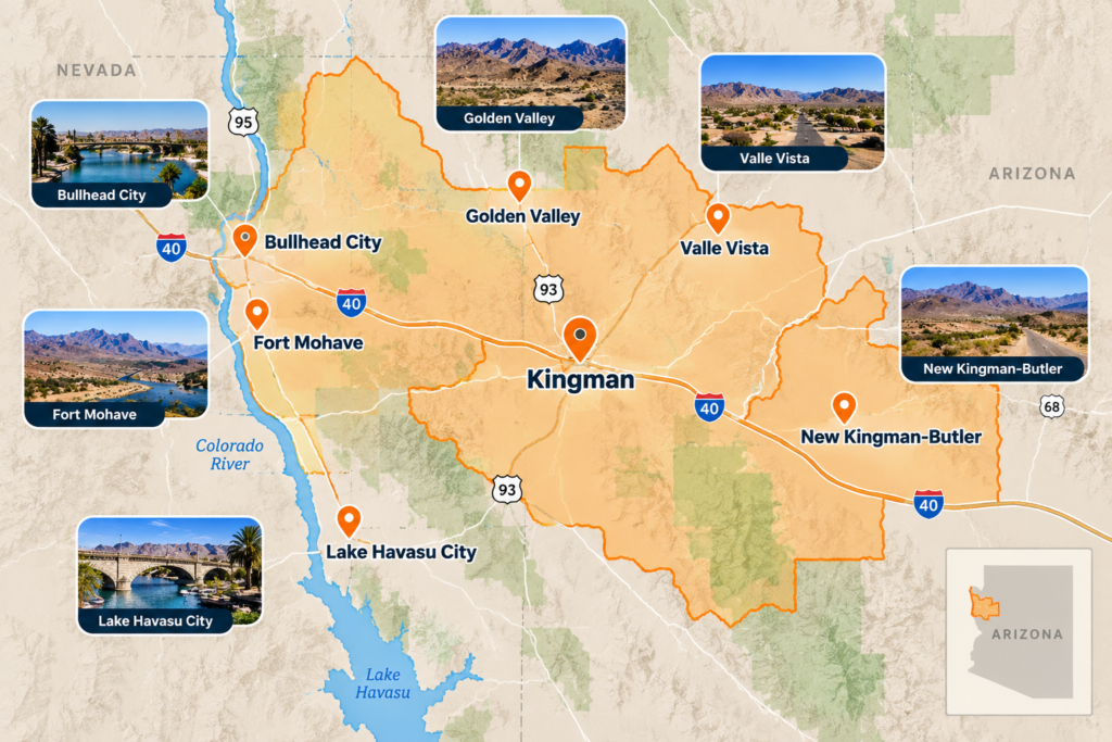 Kingman dumpster rental service area map covering Golden Valley, Valle Vista, Bullhead City, Fort Mohave and nearby areas